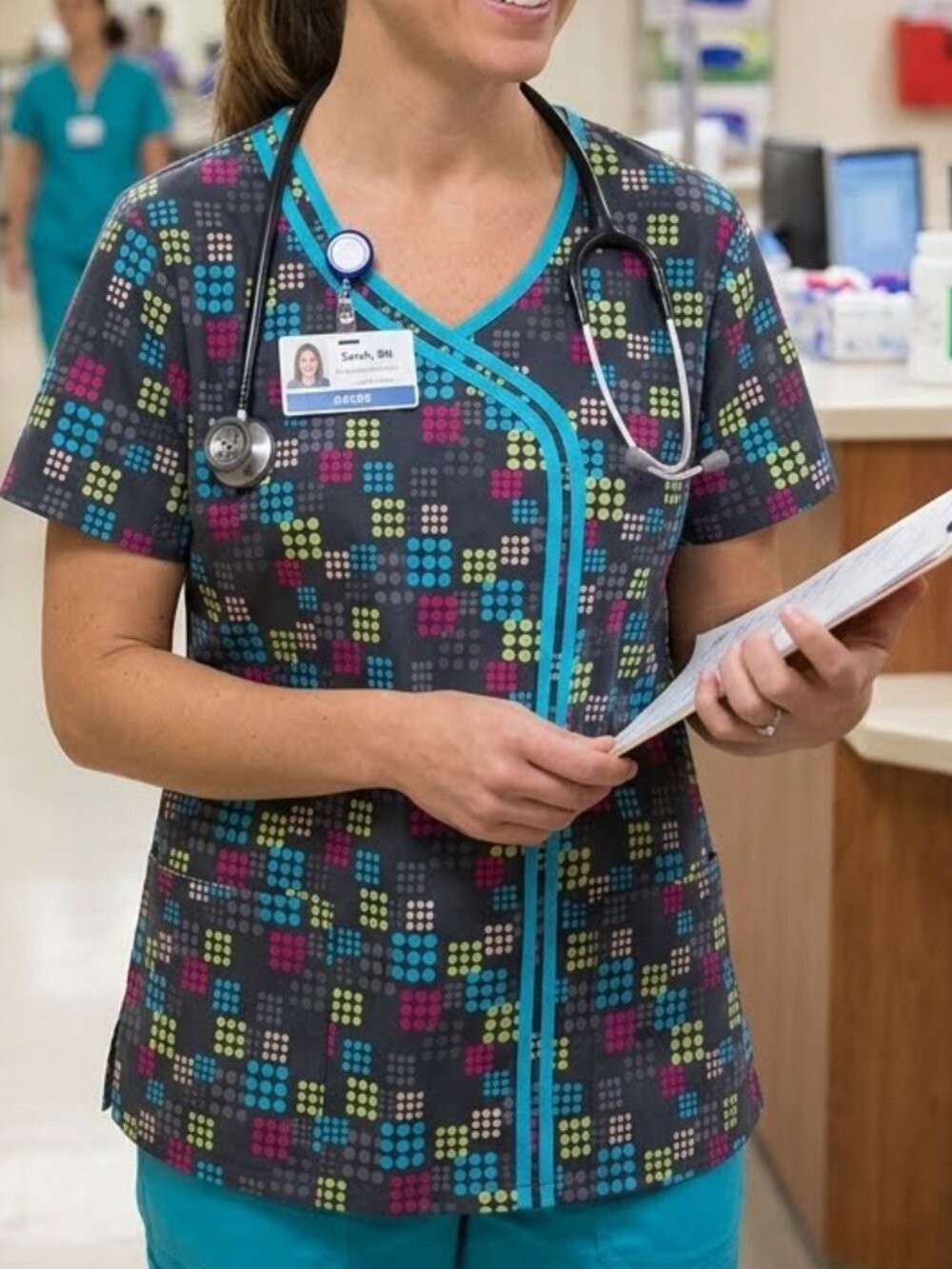 HQ Women's Scrub Top Size 3XL Multi-color Geometric Pattern Medical Uniform
